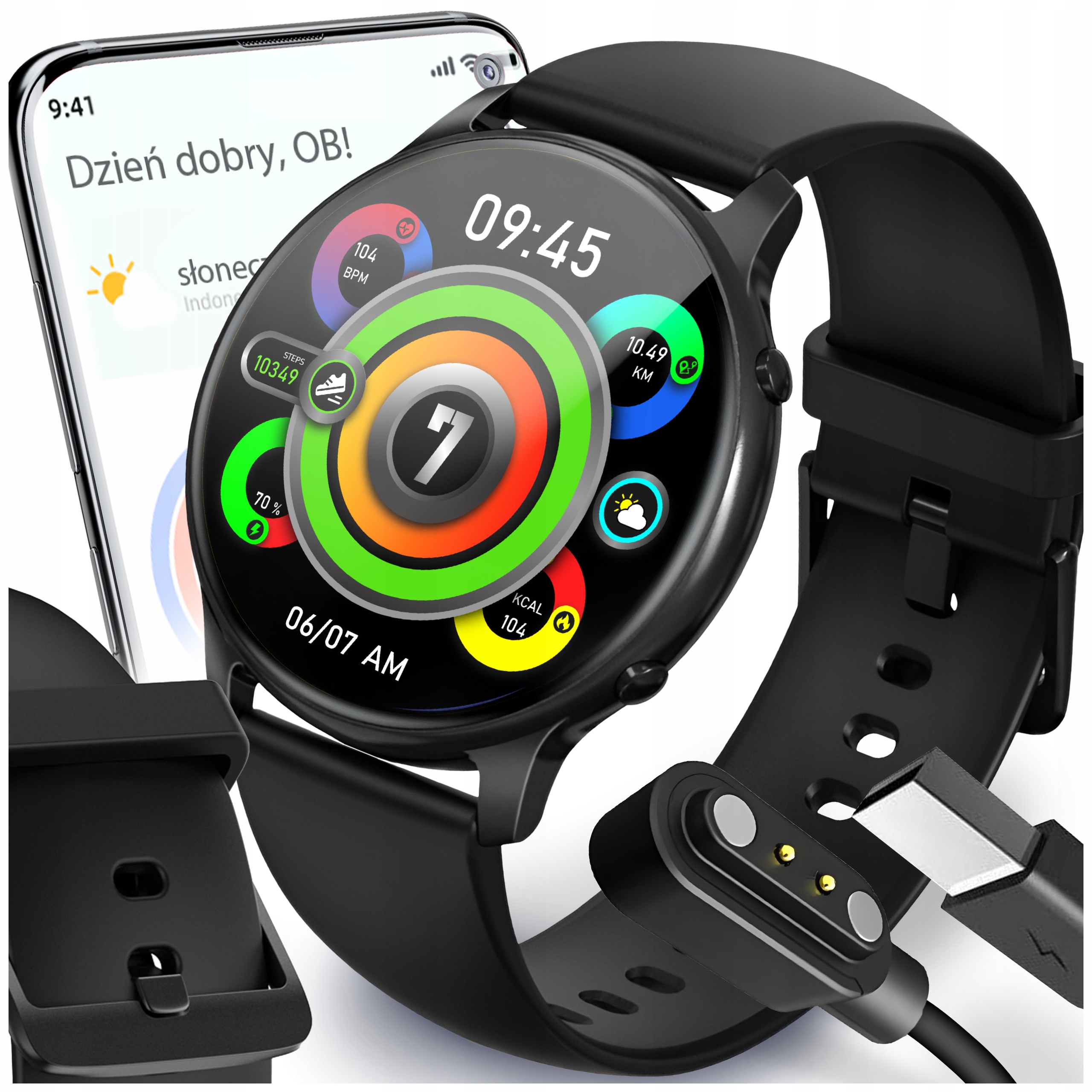 Čierne inteligentné hodinky Linwear + nabíjací kábel SMARTWATCH
